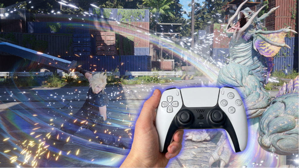 Player holding PlayStation DualSense controller playing Final Fantasy VII Rebirth